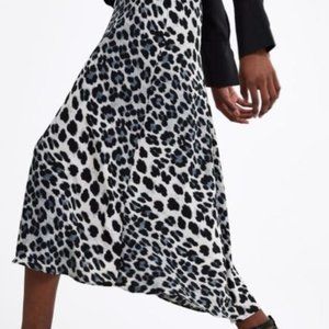 ZARA Snow Leopard Midi Skirt Bias Cut Women’s Small